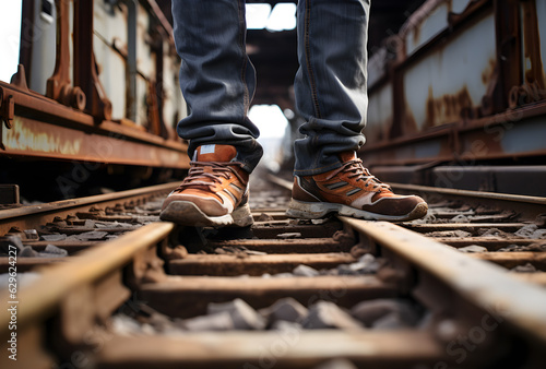 worker Man with jeans and sneakers standing on train rails between two trains, rusty look