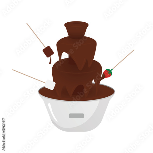 chocolate fountain machine with strawberry and marshmallow candy on a stick design fondue vector flat isolated illustration