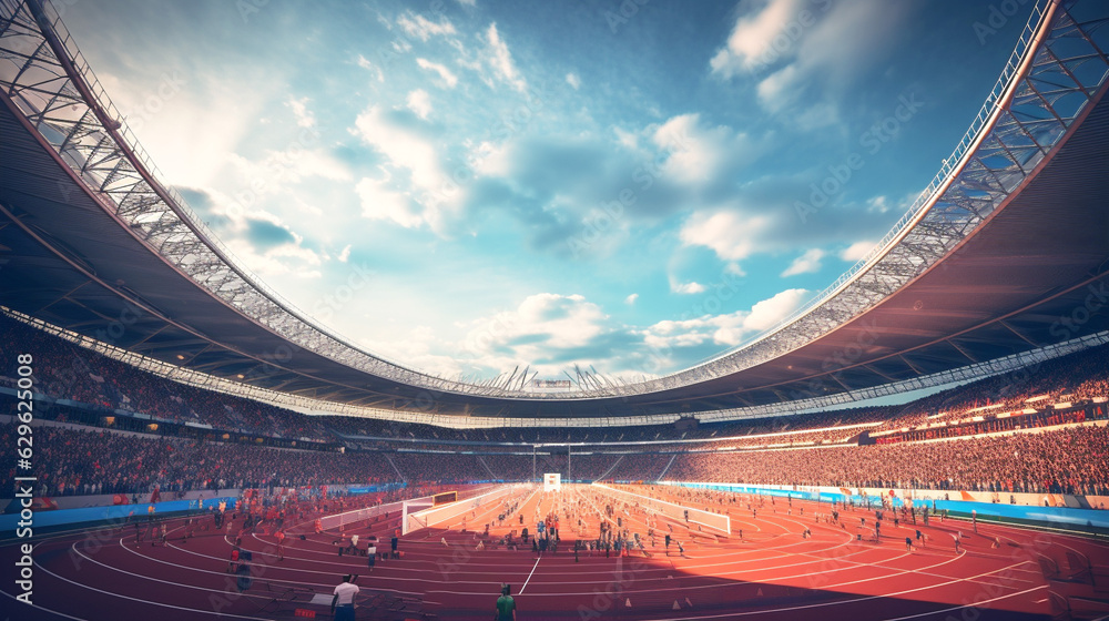 Stadium with fans.Track and Field, Paris 2024 Olympic Games. Banner