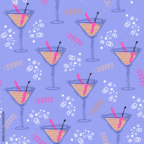 Colorful seamless pattern with cocktail glasses. Party sticker design in vintage style. Vector illustration.