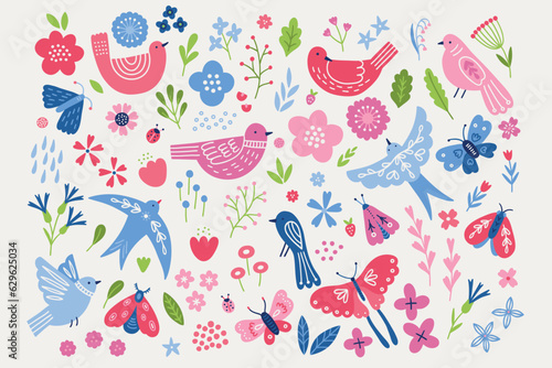 Summer set -  birds, butterflies, flower, leaves, branches, berries, moths