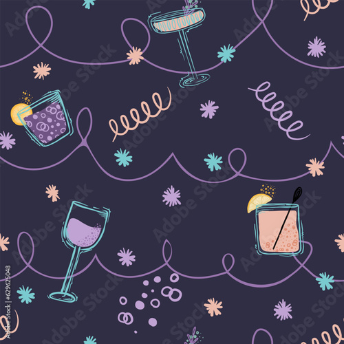 Party pattern with cocktails and confetti. Background for textiles, flyers, wrapping paper, parties, invitations