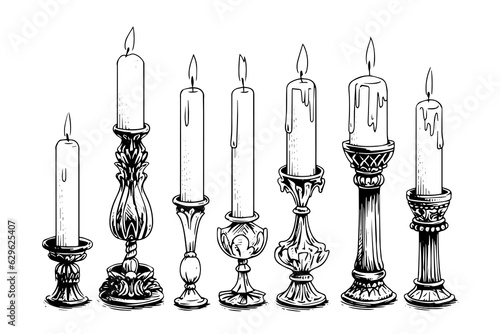 Thick christmas candles burning. Hand drawn sketch engraving style vector illustration.