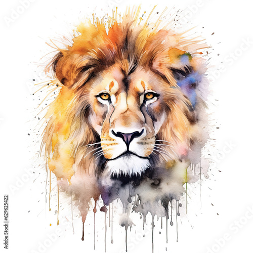 Beautiful male lion with full mane, isolated on white background. Digital watercolour illustration. AI