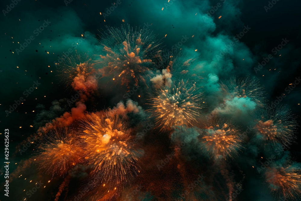 Fototapeta premium Fireworks in the night sky. Festive background