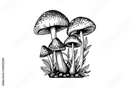 Fly agaric or amanita mushrooms group growing in grass engraving style. Vector illustration.