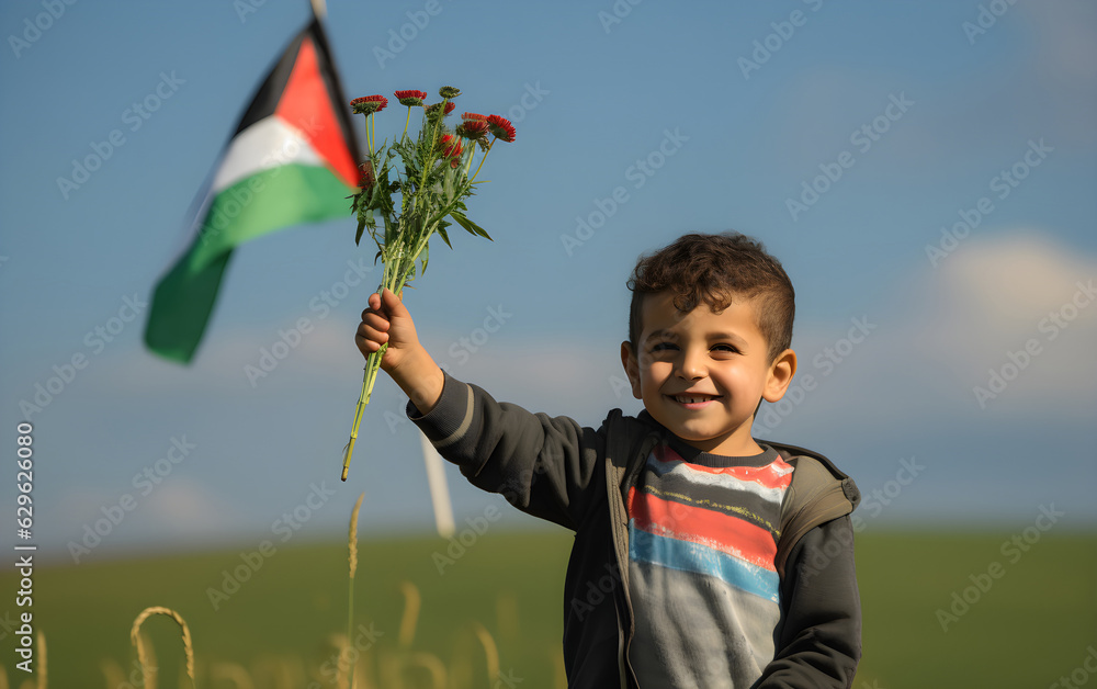 A child background a Palestinian flag. A boy is supporting Palestine ...