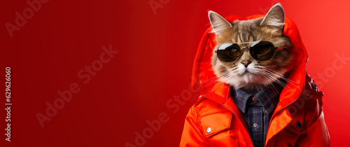 Cool looking cat wearing funky fashion dress - jacket, tie, glasses. Wide banner with space for text at side. Stylish animal posing as supermodel. Generative AI