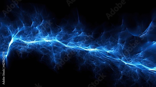 A dramatic blue and black background with vibrant lightning bolts illuminating the scene