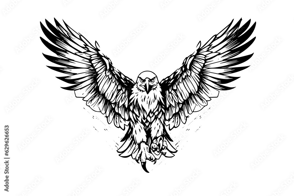 Flying eagle logotype mascot in engraving style. Vector illustration of sign or mark.