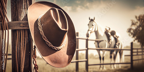 Fotografiet A cowboy hat and lasso hang from the ranch's wooden fence