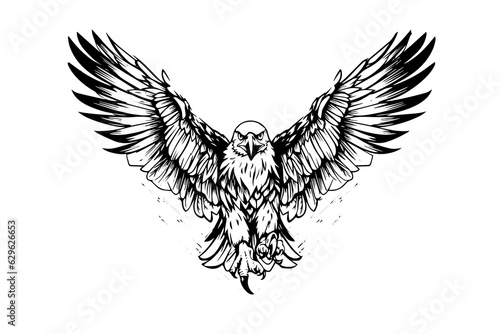 Flying eagle logotype mascot in engraving style. Vector illustration of sign or mark.