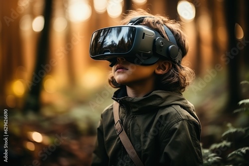 A boy wearing VR headset user, surreal world and virtual reality, natural ambient, forest, nature.