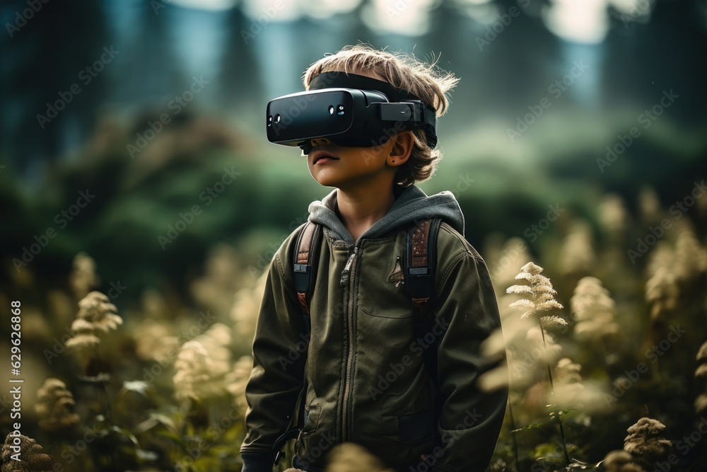 A boy wearing VR headset user, surreal world and virtual reality, natural ambient, forest, nature. A boy wearing VR headset user, surreal world and virtual reality, natural ambient, forest, nature.