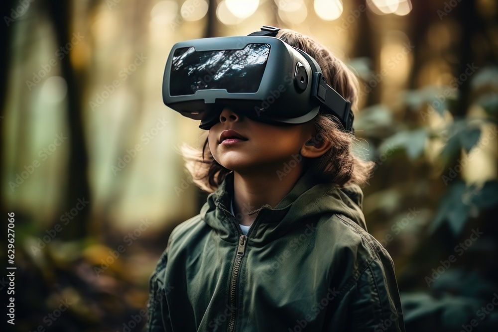 A boy wearing VR headset user, surreal world and virtual reality, natural ambient, forest, nature. A boy wearing VR headset user, surreal world and virtual reality, natural ambient, forest, nature.