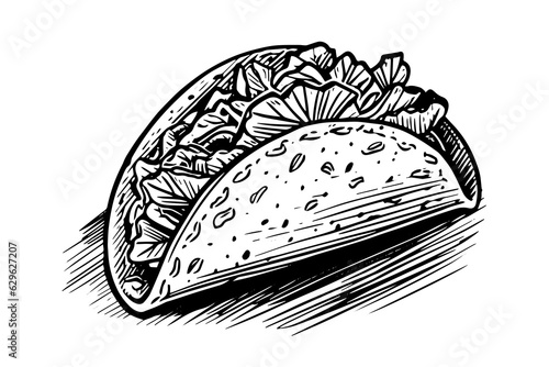 Hand drawn ink sketch of taco. Traditional mexican fast food illustration. Vector drawing.