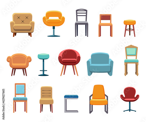 home, office chairs front view set. Armchair, Stool, High chair, sofa, living room comfort seating furniture different colors. vector cartoon modern furniture set