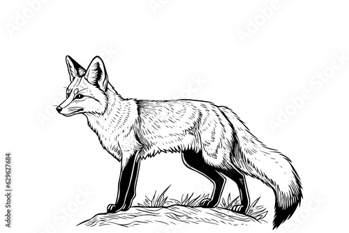 Fox logotype mascot hand drawn ink sketch. Vector illustration in engraving style. © Artem