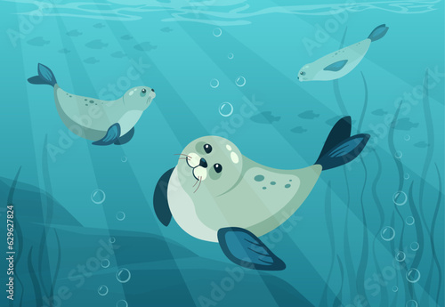cute seals swimming antarctica ocean, sea background. cartoon funny seals under water, north antarctica animals. vector north sea under water background.