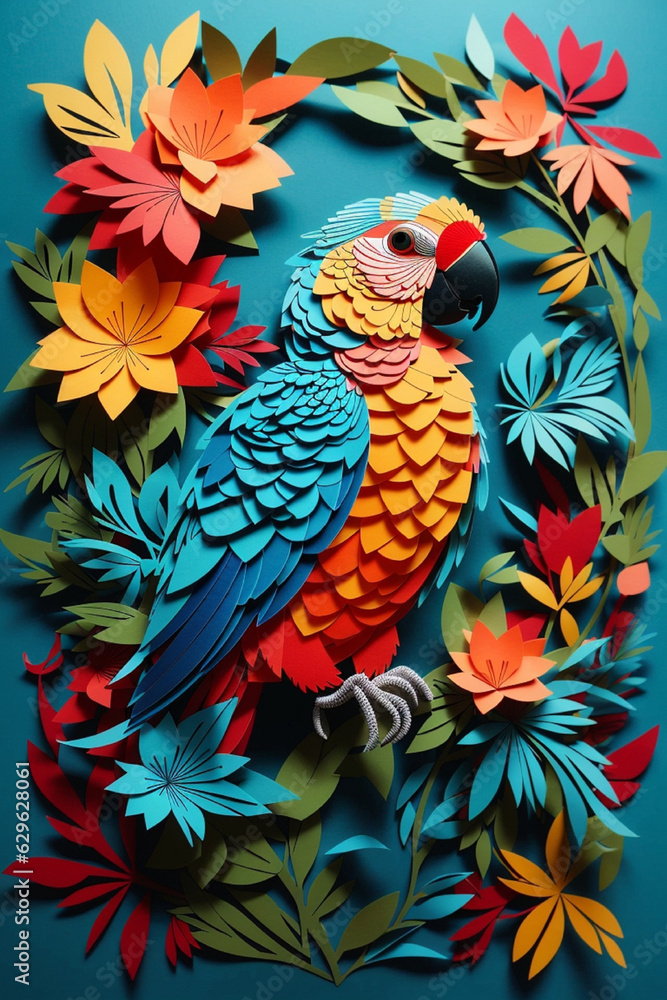Colorful Parrot in a Flower Wonderland: Kirigami Artistry
