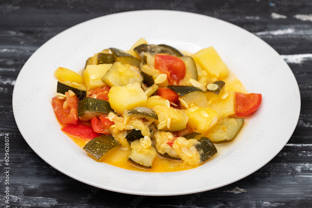 cooking tasty vegetable mix with courgette, red pepper, potato and tomato on plate cooking tasty vegetable mix with courgette, red pepper, potato and tomato on plate
