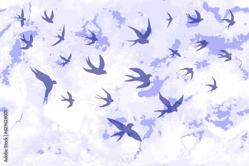 Swallows. Blue silhouette. Background texture watercolor aesthetic. Silhouette of a flock of swallows. Dark contours of flying birds. Flying swallows. Vector illustration blue shades.