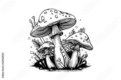Fly agaric or amanita mushrooms group growing in grass engraving style. Vector illustration.