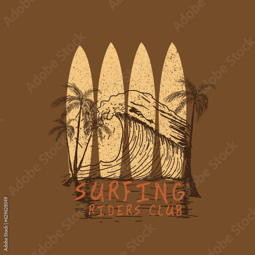 retro Surfing Riders Club surfboard palm tree waves t shirt print design