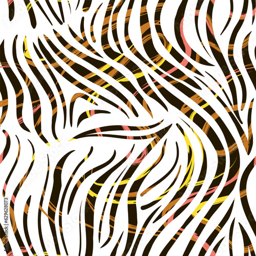 Zebra stripes. Seamless pattern. Black, yellow, pink brush strokes on a white background. Vector illustration.