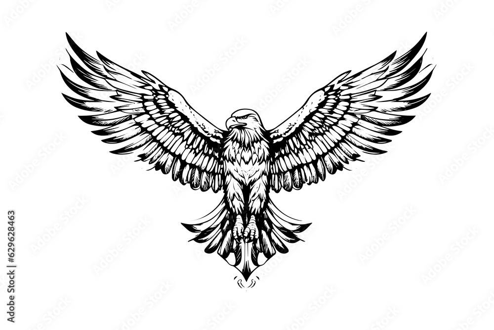 Fototapeta premium Flying eagle logotype mascot in engraving style. Vector illustration of sign or mark.