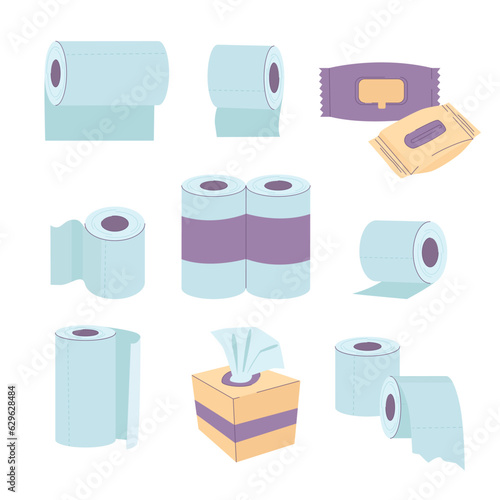 hygiene papers, kitchen paper towels, toilet paper, napkins set. White restroom papers set isolated on white background. vector cartoon items photo