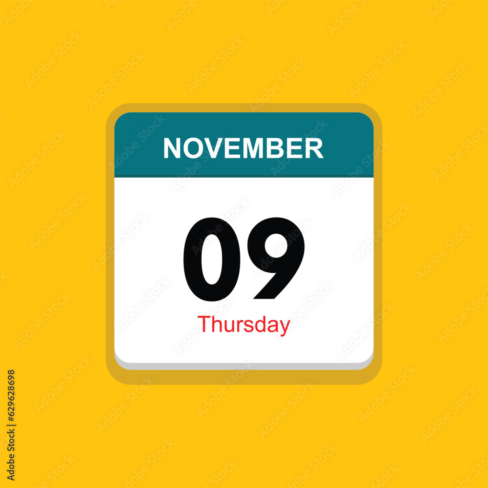 thursday 09 november icon with yellow background, calender icon