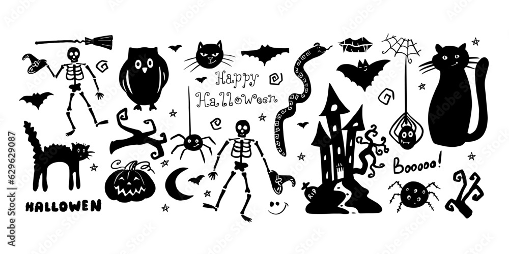Fototapeta premium Cute set of halloween clipart in doodle style. Funny, cute illustration for design, decoration kids playroom, textile or greeting card. Hand drawn. Vector illustration EPS10