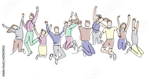 Single line drawing of jumping people, men and women with pastel abstract shapes. Linear hand drawn doodle on white background