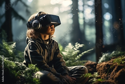 A boy wearing VR headset user, surreal world and virtual reality, natural ambient, forest, nature.