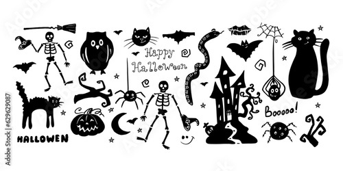 Cute set of halloween clipart in doodle style. Funny, cute illustration for design, decoration kids playroom, textile or greeting card. Hand drawn. Vector illustration EPS10