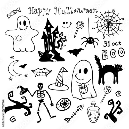 Vector set of halloween clipart in doodle style. Funny, cute illustration for design, decoration kids playroom, textile or greeting card.  Hand drawn illustration