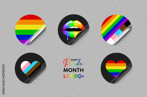 Vector set of LGBTQ community symbols with retro rainbow flag color elements, pride symbols, gender signs. Pride month slogan and phrase stickers.