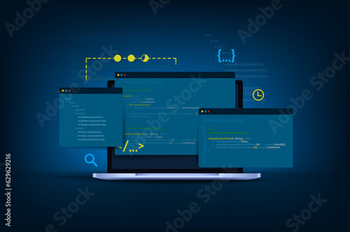 Computer programming, software or game development illustration with coding symbols and windows.