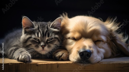 A Cute Kitten and a Dog Sleeping Close eachother. Cute Animal Photography.