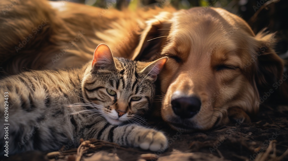 A Cute Kitten and a Dog Sleeping Close eachother. Cute Animal Photography.