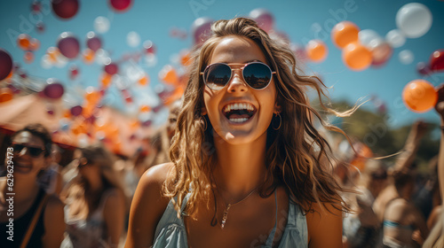 young women smiling at the festival background Generative AI