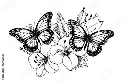 Sketch of butterflies sit on flowers. Hand drawn engraving style vector illustration.