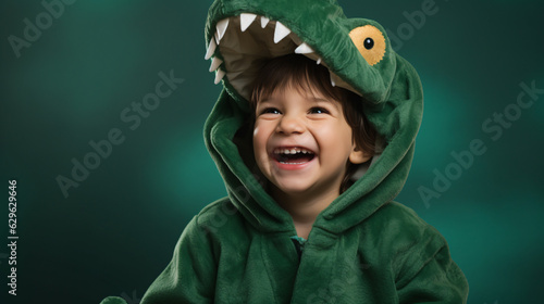 portrait of a child with a dinosaur costume