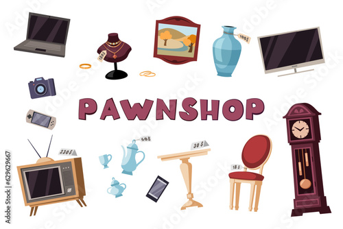 pawn shop, lombard jewelry tools for selling set. cartoon antique rare expensive and cheap pawn shop items. vector cartoon isolated objects.