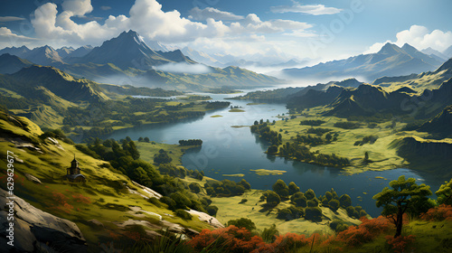 A serene illustration of the Guatavita Lake surrounded by misty mountains and deep green vegetation, Ai Generative © Dhananjoy