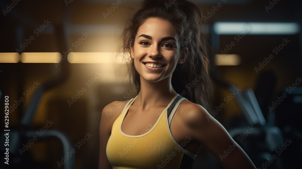 An Portrait of Beautiful Female Fitness athlete looking at camera and Smiling Happily in Fitness clothes at Gym. Beautiful and confident Girl in fitness center