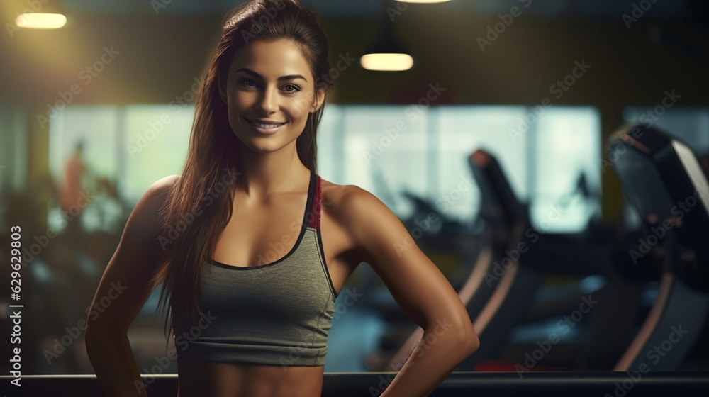 An Portrait of Beautiful Female Fitness athlete looking at camera and Smiling Happily in Fitness clothes at Gym. Beautiful and confident Girl in fitness center