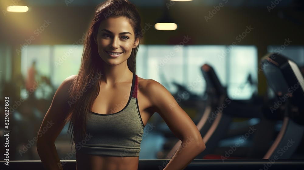 An Portrait of Beautiful Female Fitness athlete looking at camera and Smiling Happily in Fitness clothes at Gym. Beautiful and confident Girl in fitness center An Portrait of Beautiful Female Fitness athlete looking at camera and Smiling Happily in Fitness clothes at Gym. Beautiful and confident Girl in fitness center