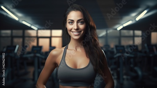 An Portrait of Beautiful Female Fitness athlete looking at camera and Smiling Happily in Fitness clothes at Gym. Beautiful and confident Girl in fitness center © Phoophinyo